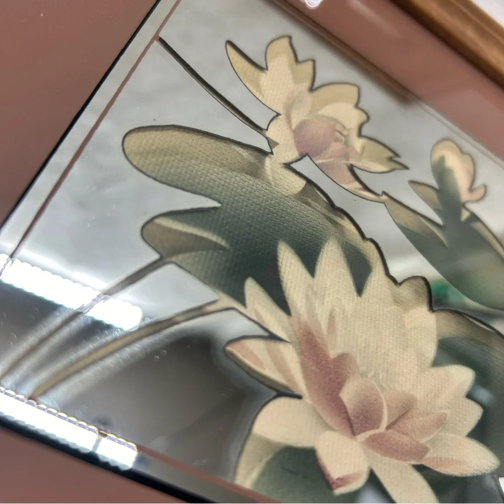 Vintage 90's wooden framed mirror mauve Lily & Lotus flower set 10